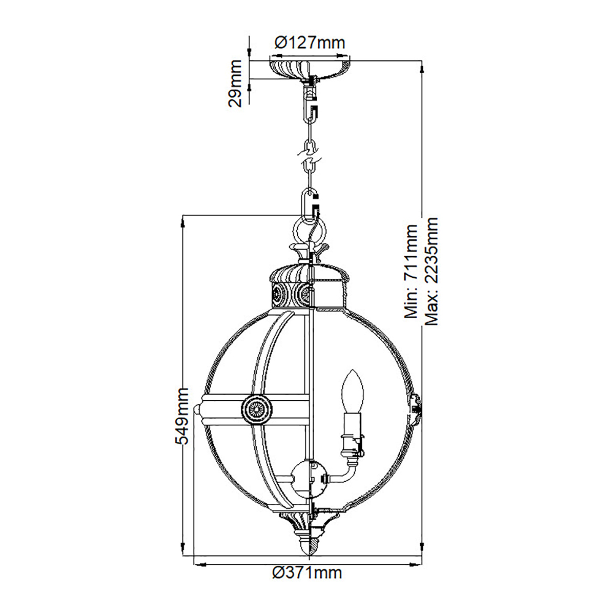 Подвесной светильник с прозрачным стеклянным плафоном в форме шара цвета никеля в индустриальном стиле на цепи 3 лампы Feiss в Липецке
