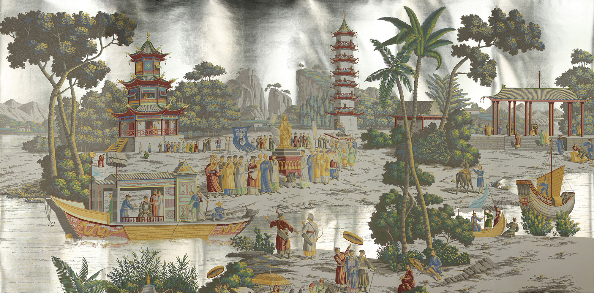 Обои ручная роспись Procession Chinoise Special Colourway on White Metal gilded paper Обои ручная роспись Procession Chinoise Special Colourway on White Metal gilded paper - постер Loft-Concept в Липецке