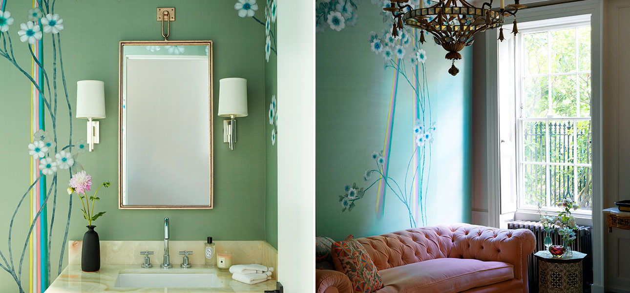 Обои ручная роспись Anemones in Light Daybreak on Blue Grey dyed silk - фото