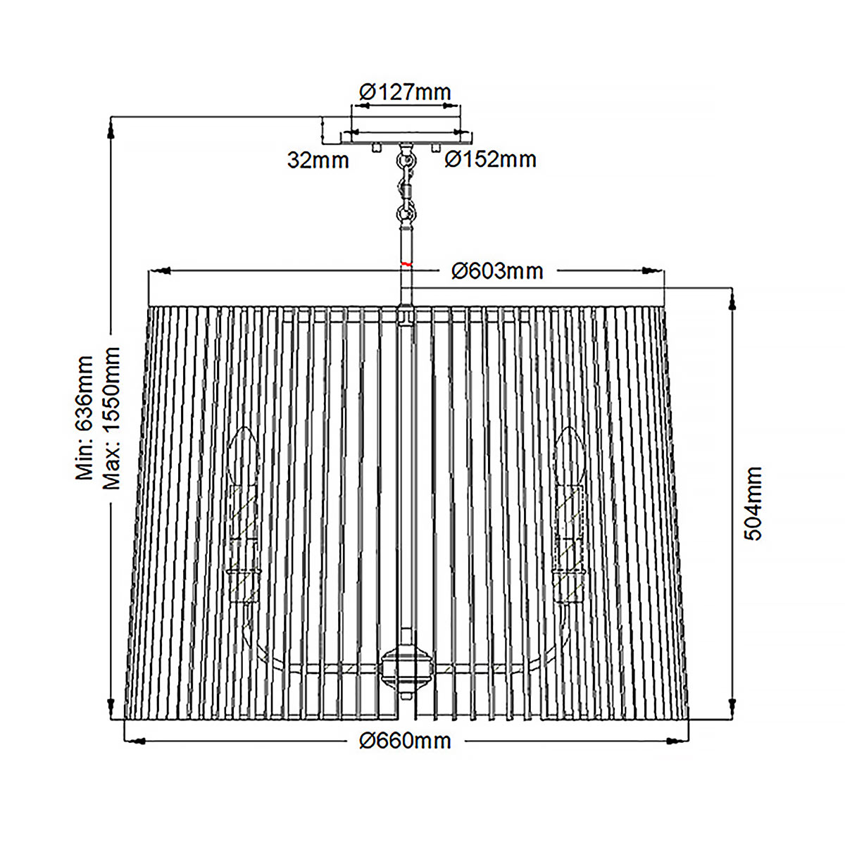 Люстра цвета латунь с 6-ю лампами свечами внутри цилиндрического абажура из черных металлических реек Kichler в Липецке
