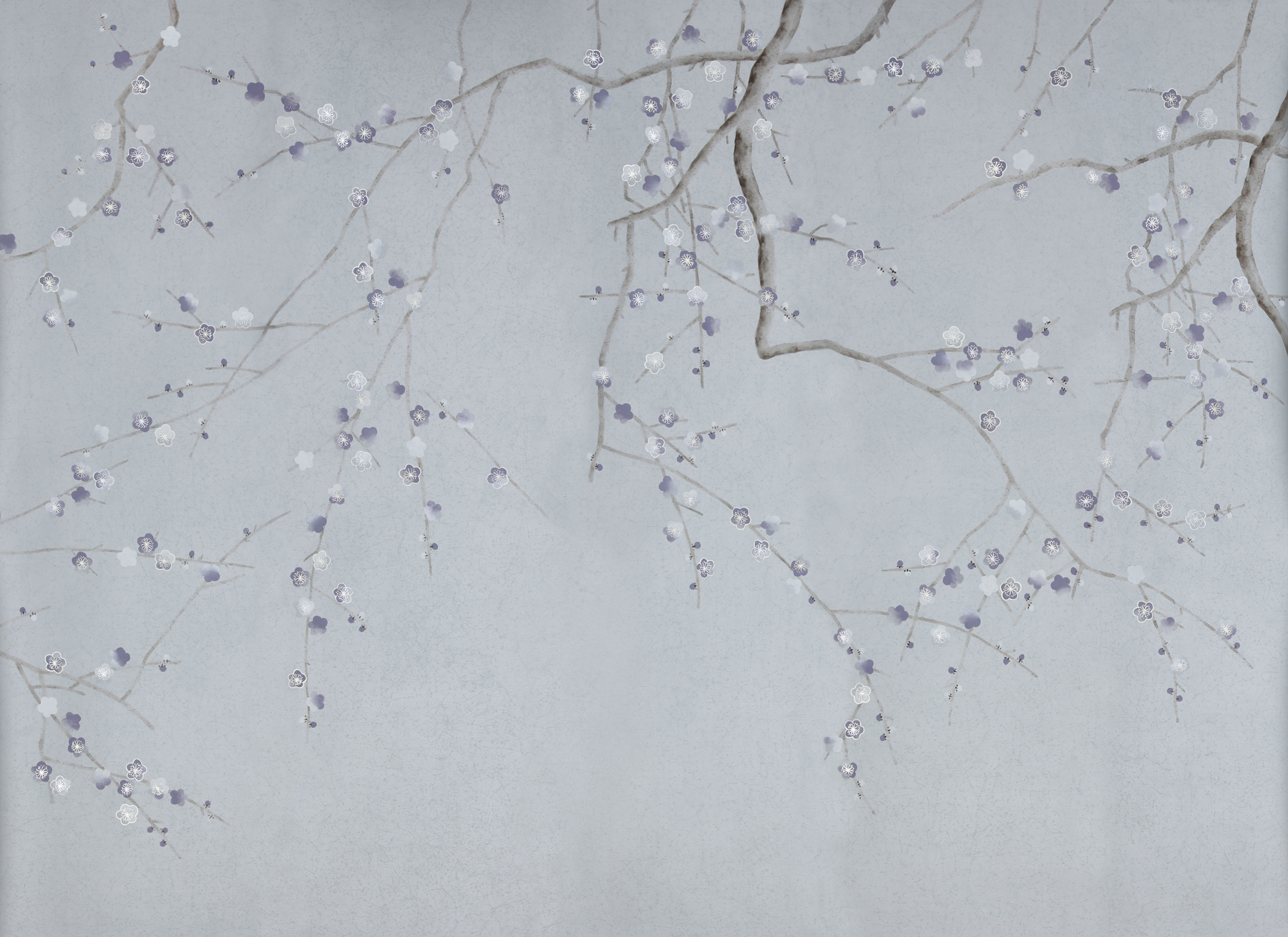 Обои ручная роспись Plum Blossom Special Colourway on Crackled Silver metallic silk Обои ручная роспись Plum Blossom Special Colourway on Crackled Silver metallic silk - постер Loft-Concept в Липецке