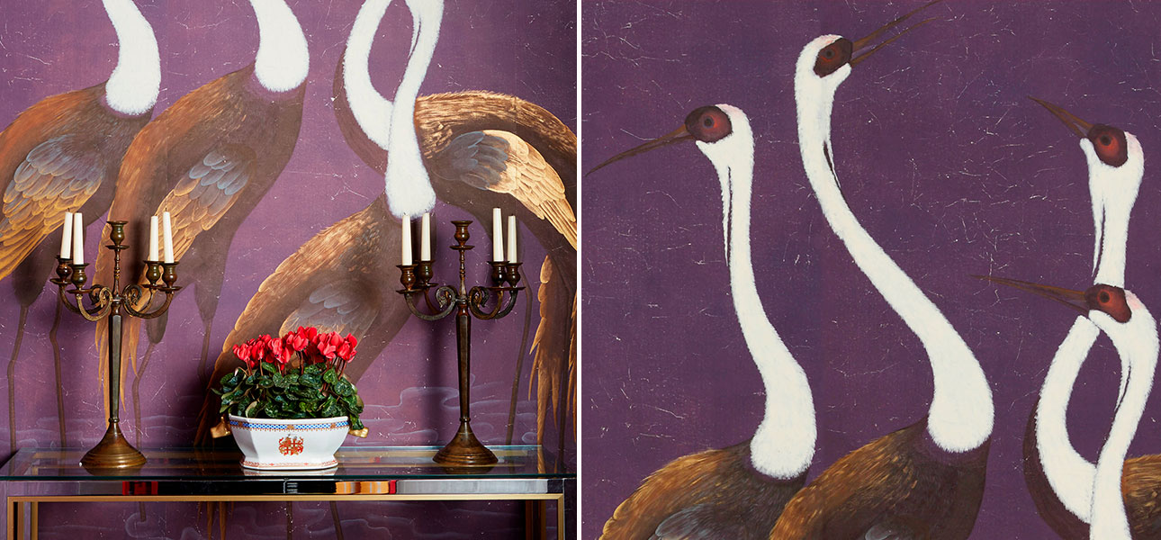 Обои ручная роспись Sarus Cranes Original colourway on Edo purple painted Xuan paper - фото