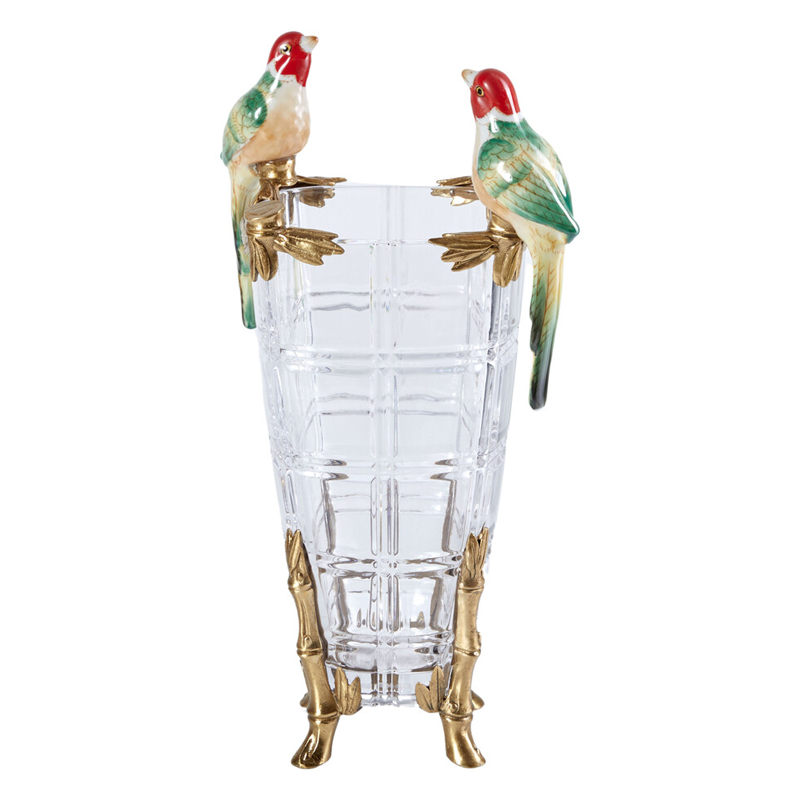 Ваза из прозрачного стекла с бронзовыми ножками и фигурками попугаев Eden Garden porcelain and bronze Прозрачное Стекло Бронза Мульти Ваза из прозрачного стекла с бронзовыми ножками и фигурками попугаев Eden Garden porcelain and bronze Прозрачное Стекло Бронза Мульти в Липецке | Loft Concept