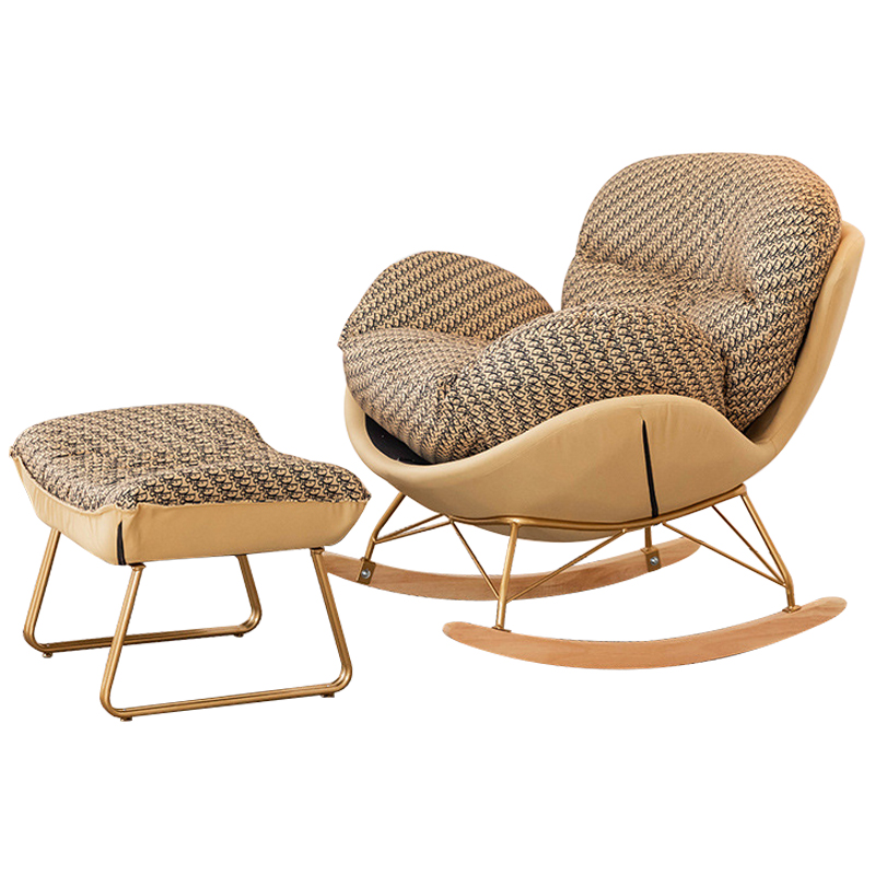 Кресло-качалка Dior Print Rocking Chair с банкеткой для ног Бежевый Коричневый Золотой в Липецке | Loft Concept 