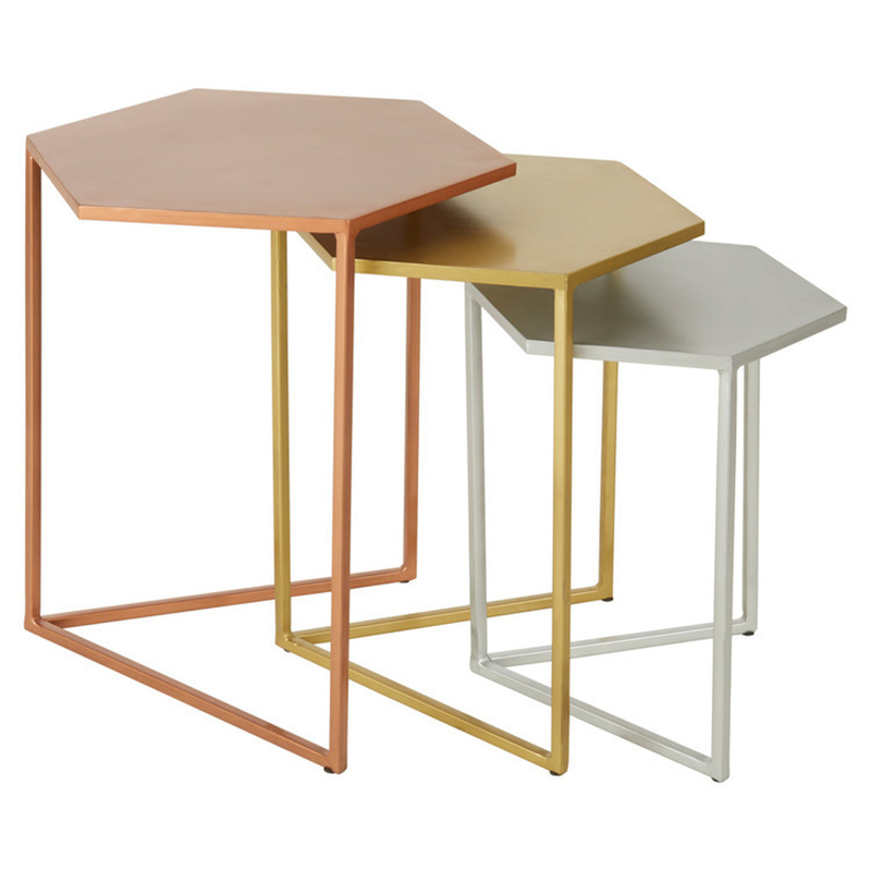 Комплект из 3-х приставных столиков Trio Hexagon Side Tables Медь Золотой Серебряный Комплект из 3-х приставных столиков Trio Hexagon Side Tables Медь Золотой Серебряный в Липецке | Loft Concept