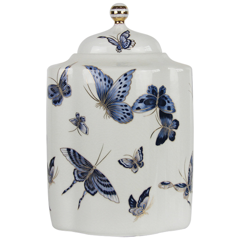 Ваза с крышкой Porcelain Butterfly Blue and Gold Vase Белый Синий Золотой Ваза с крышкой Porcelain Butterfly Blue and Gold Vase Белый Синий Золотой в Липецке | Loft Concept