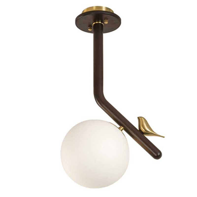 Потолочный светильник с птичкой Bird Wood Ring Ceiling Lamp Латунь Коричневый Белое матовое стекло Потолочный светильник с птичкой Bird Wood Ring Ceiling Lamp Латунь Коричневый Белое матовое стекло в Липецке | Loft Concept