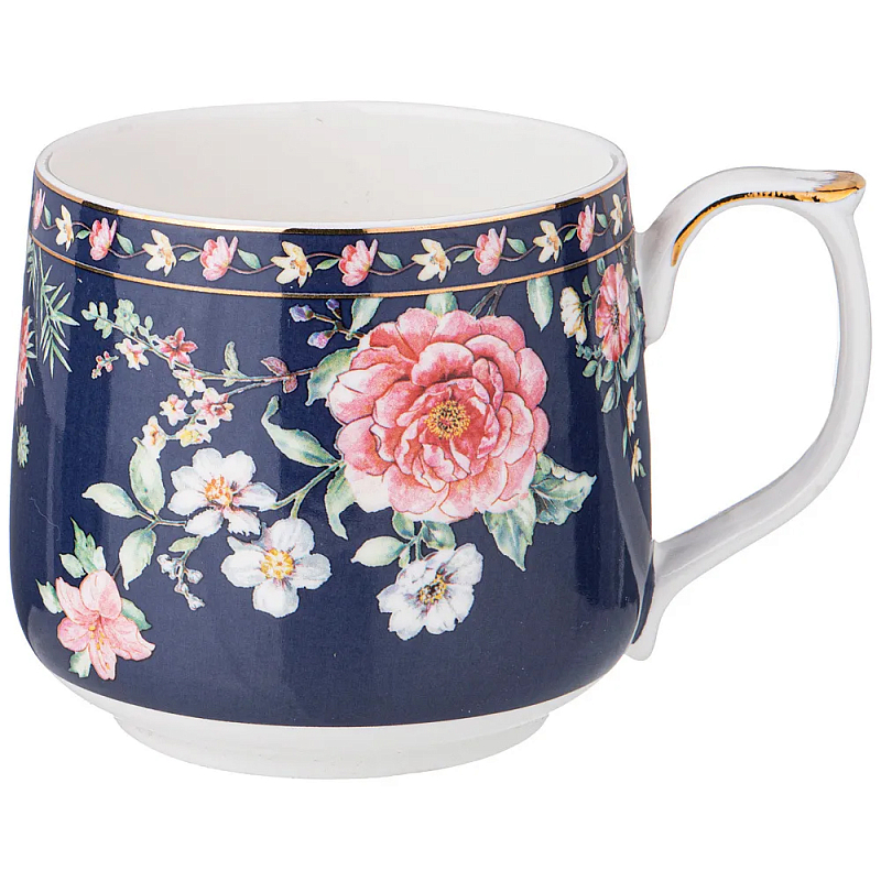 Кружка фарфоровая синяя с цветочным принтом 470 мл Flower Porcelain Collection Синий Мульти Кружка фарфоровая синяя с цветочным принтом 470 мл Flower Porcelain Collection Синий Мульти в Липецке | Loft Concept