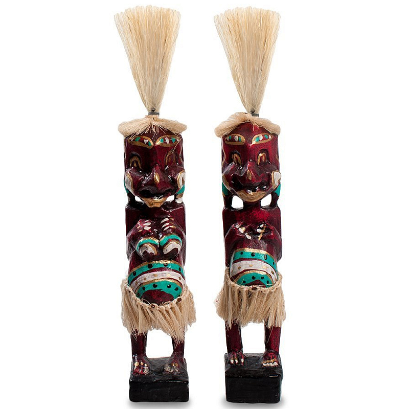 Комплект из 2-х деревянных статуэток Asmat Straw Headdress Statuettes Red Turquoise Tattoo Красный Бежевый Бирюзовый Белый Комплект из 2-х деревянных статуэток Asmat Straw Headdress Statuettes Red Turquoise Tattoo Красный Бежевый Бирюзовый Белый в Липецке | Loft Concept