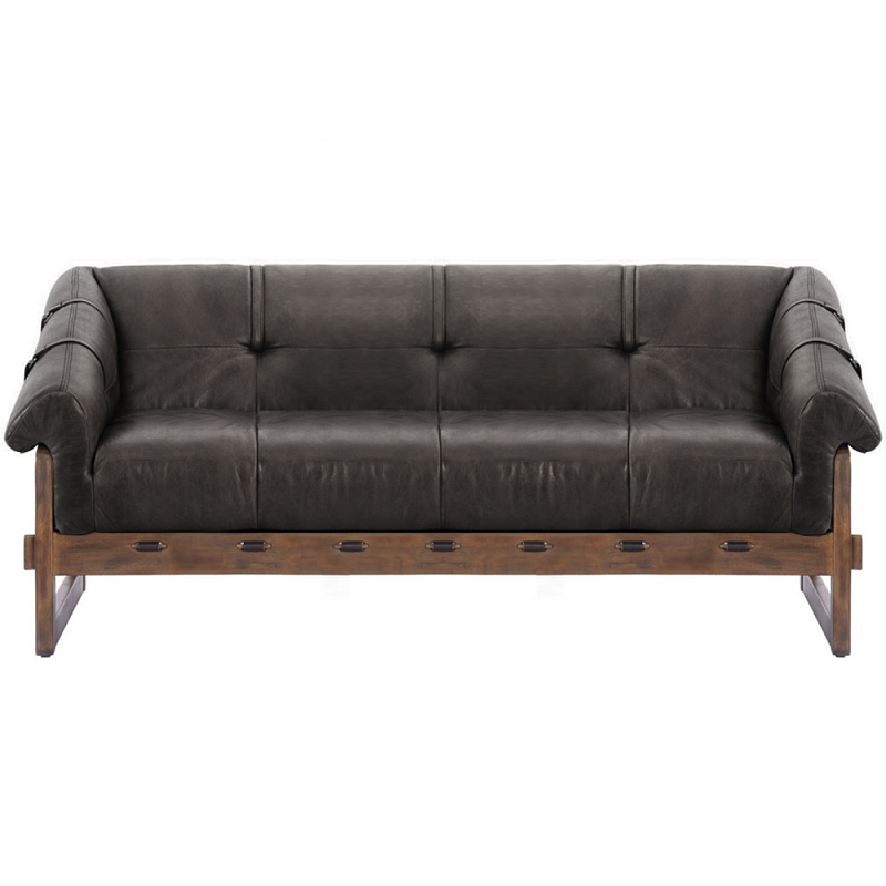 Трехместный диван Duncan винтажная черная кожа Черный Коричневый в Липецке | Loft Concept 