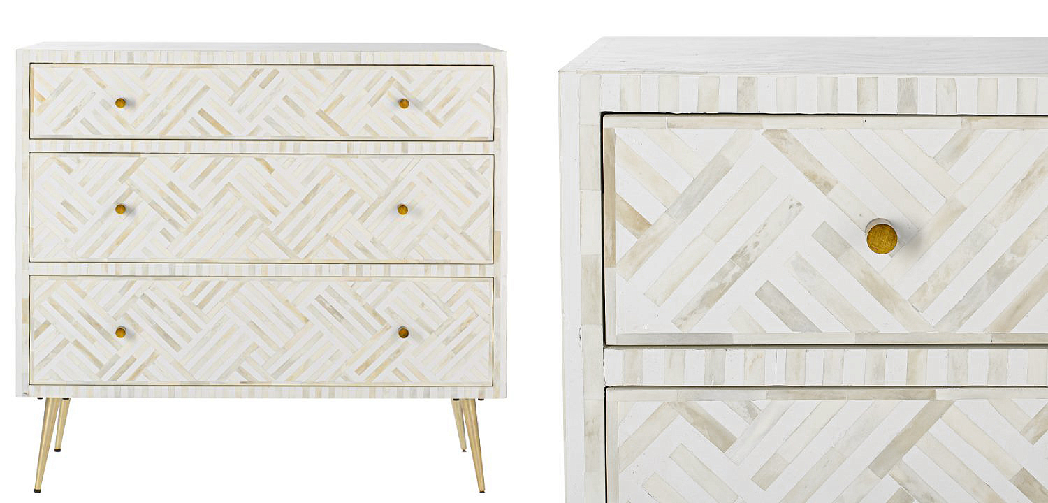 Комод инкрустация костью White Indian Bone Inlay 3 drawer Белый Комод инкрустация костью White Indian Bone Inlay 3 drawer Белый - Loft-Concept в Липецке