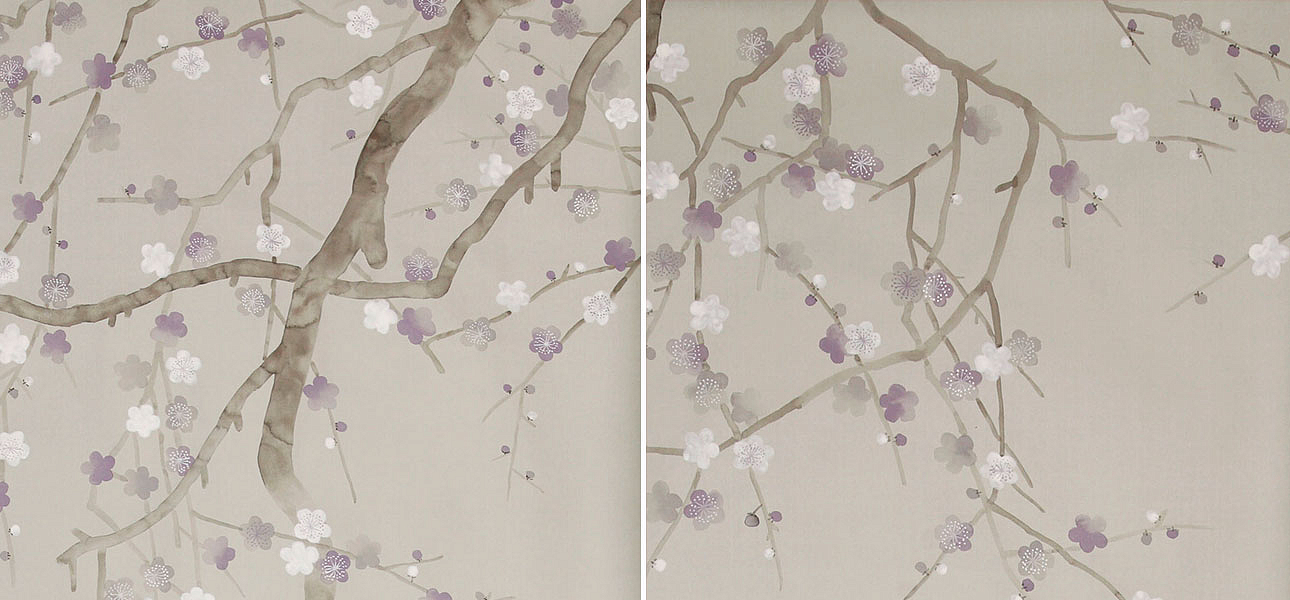 Обои ручная роспись Plum Blossom Special Colourway on Oyster Shell metallic silk Обои ручная роспись Plum Blossom Special Colourway on Oyster Shell metallic silk - Loft-Concept в Липецке