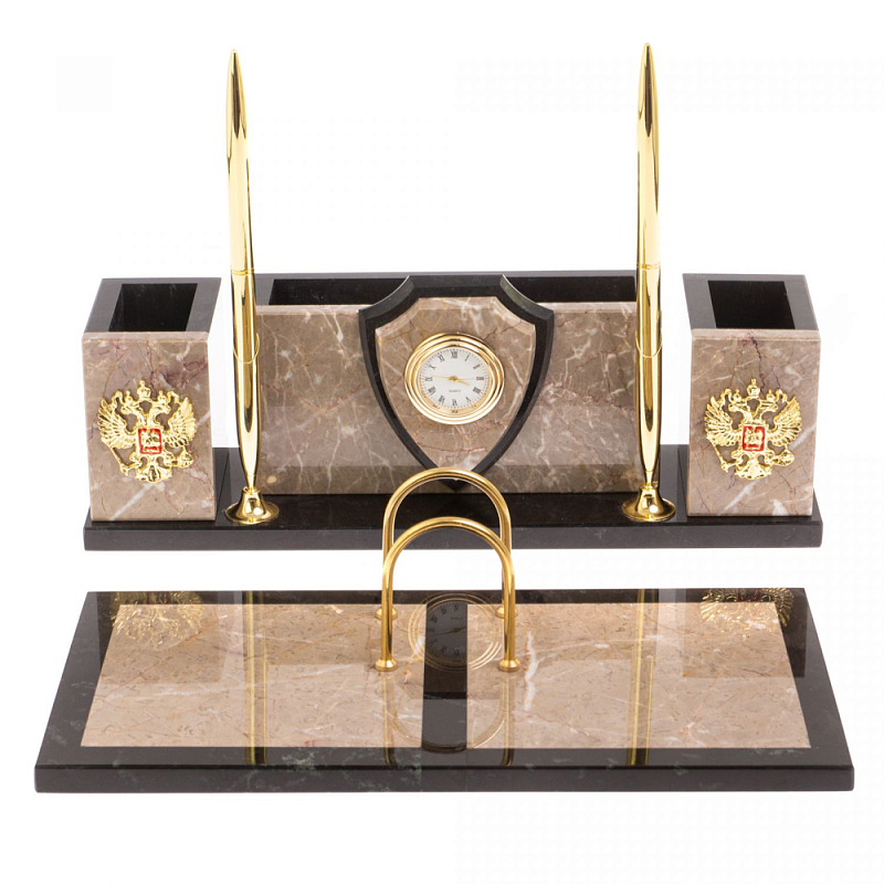 Настольный письменный набор из бежевого мрамора с часами и гербом Marble Accessory Бежевый Черный Золотой Настольный письменный набор из бежевого мрамора с часами и гербом Marble Accessory Бежевый Черный Золотой в Липецке | Loft Concept
