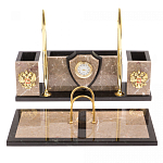 Настольный письменный набор из бежевого мрамора с часами и гербом Marble Accessory варинант исполнения - 1 | Loft Concept в Липецке