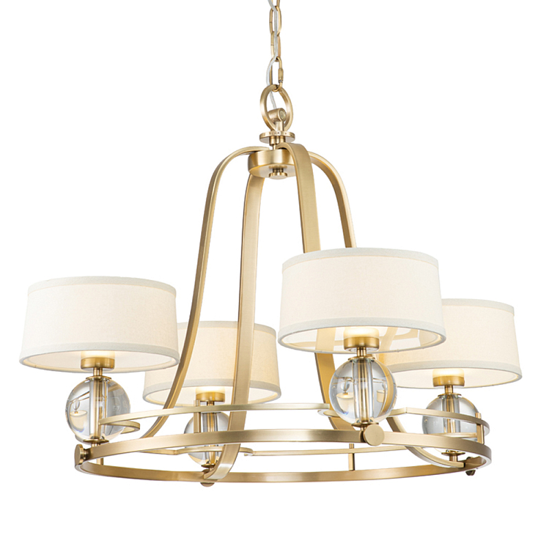 Люстра цвета латунь с 4-мя тканевыми абажурами и стеклянными шарами Quoizel Латунь Прозрачное Стекло Бежевый в Липецке | Loft Concept 