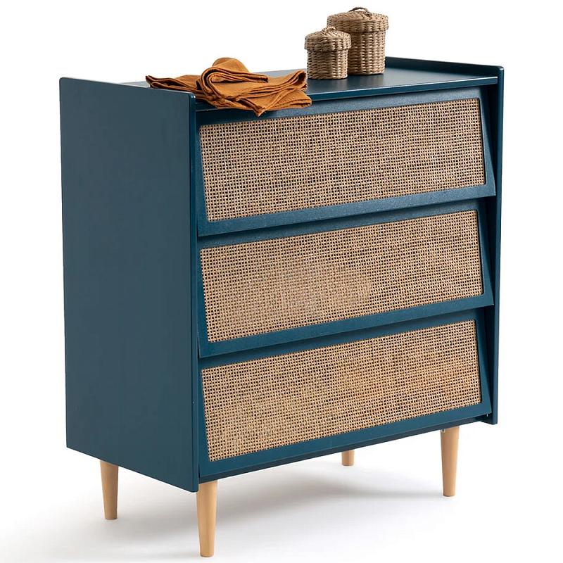 Комод с 3-мя ящиками из ротанга Blais Deep Blue Wicker Furniture Темно-синий Древесина в Липецке | Loft Concept 