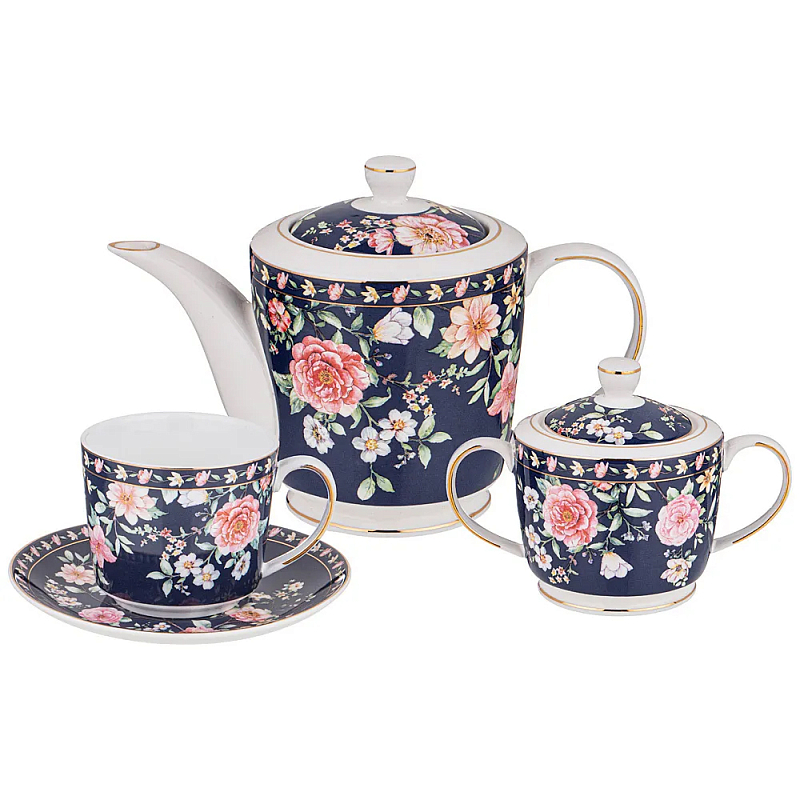 Чайный сервиз из фарфора синий на 6 персон 14 предметов Flower Porcelain Collection Синий Мульти в Липецке | Loft Concept 