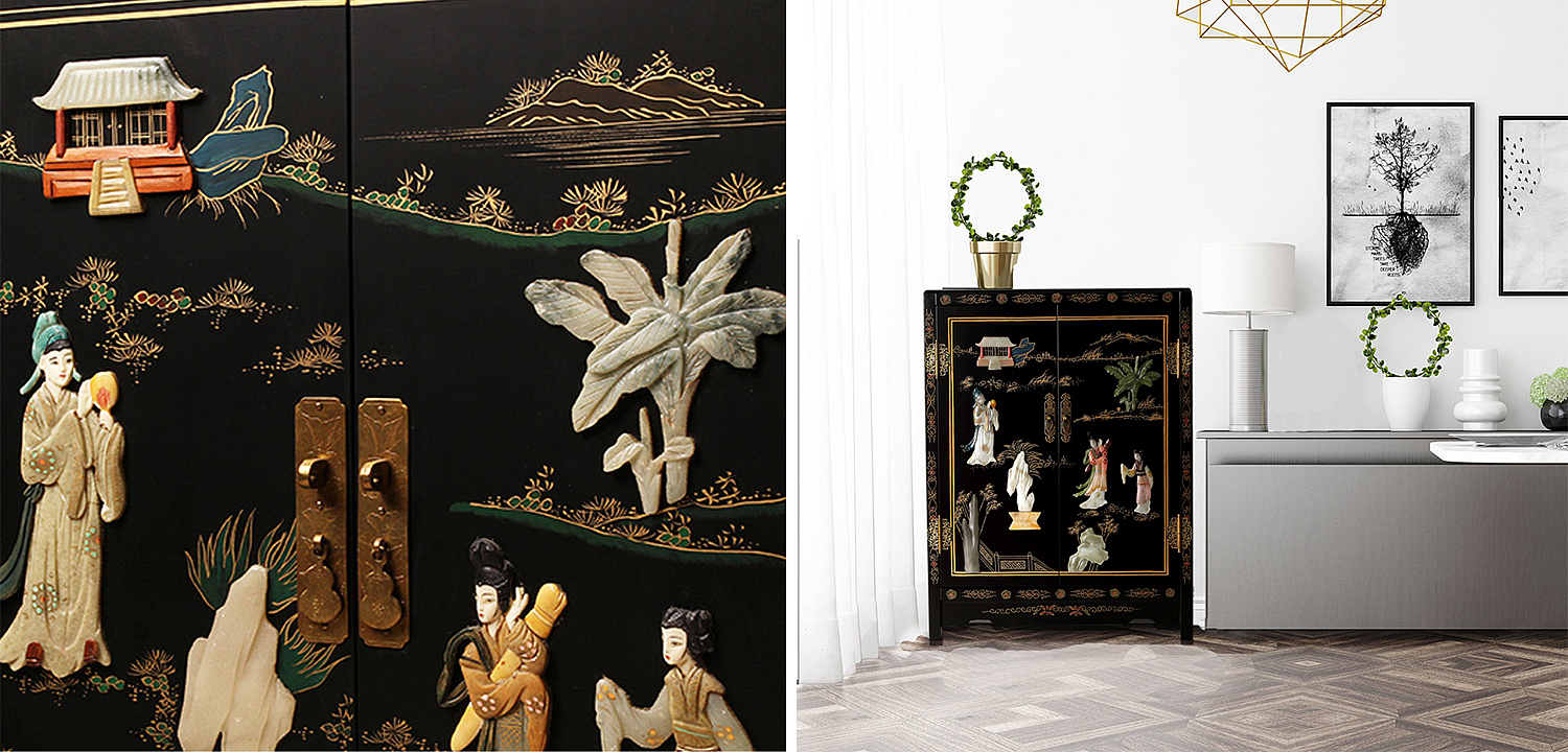 Черный Двухдверный Комод в Китайском стиле с каменным Барельефом Black Chinese Chest of drawers Черный Двухдверный Комод в Китайском стиле с каменным Барельефом Black Chinese Chest of drawers - Loft-Concept в Липецке