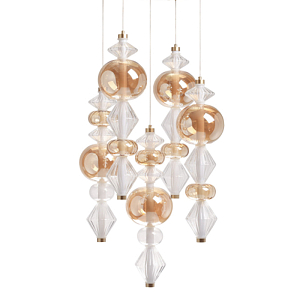 Люстра с плафонами из прозрачного и янтарного стекла в виде шаров и ромбов Gabriel Scott Luna