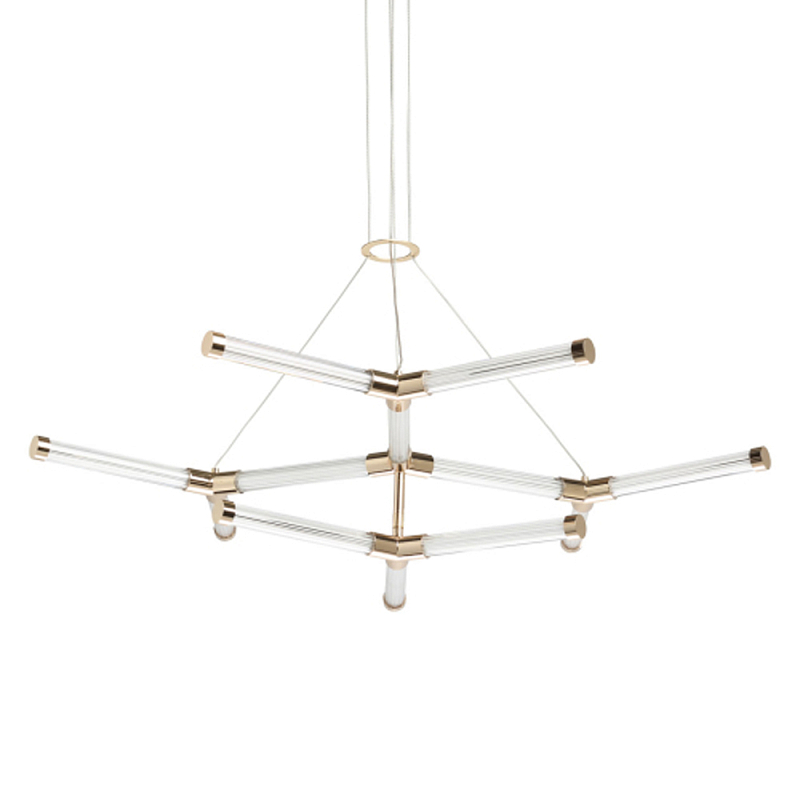 Люстра с геометрической конструкцией из вытянутых цилиндрических плафонов Hex Scaffold  Белый Золотой в Липецке | Loft Concept 