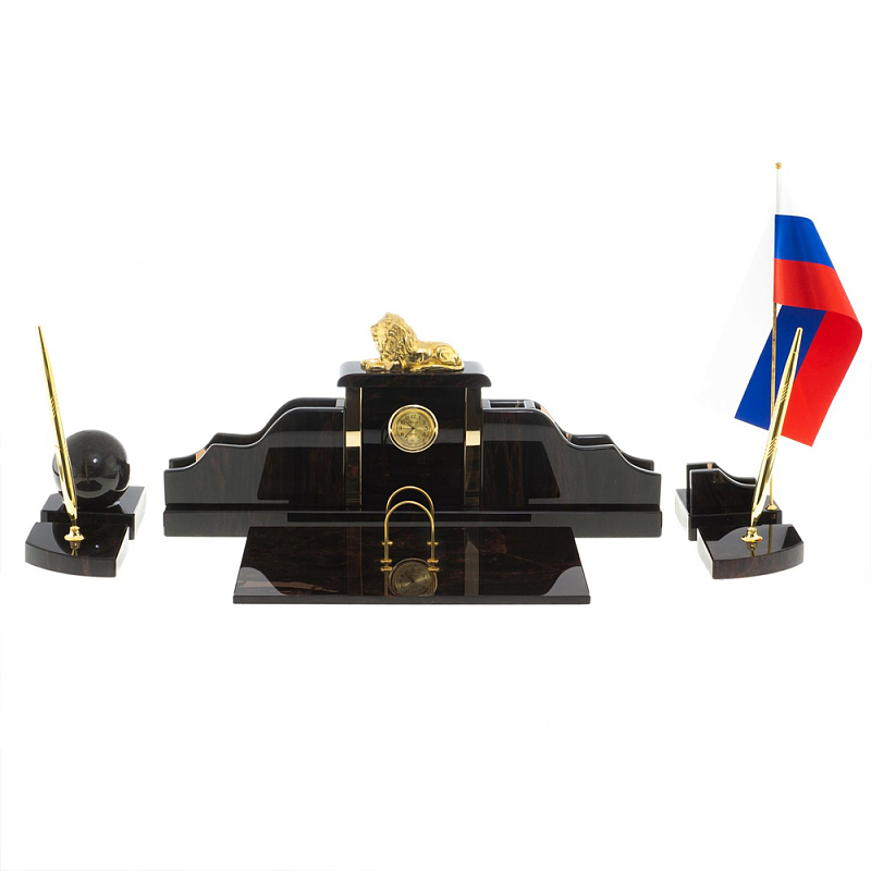 Настольный письменный набор из чёрного обсидиана с декором в виде льва Golden Lion Коричневый Бронза Настольный письменный набор из чёрного обсидиана с декором в виде льва Golden Lion Коричневый Бронза в Липецке | Loft Concept