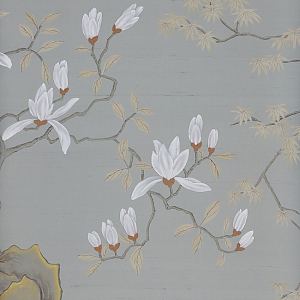 Обои ручная роспись Summer Night Blossom Colourway SC-122 on Wood Ash slub silk