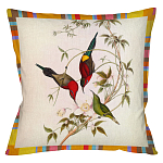 Декоративная подушка бежевая в разноцветную полоску с изображением птиц и цветов Blooming Birds Colorful Cushion варинант исполнения - 4 | Loft Concept в Липецке