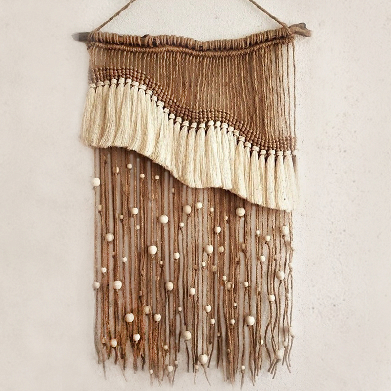 Дизайнерское Панно Дюна Макраме из нитей и бусин Wall Panel Dune Светло-бежевый Коричневый в Липецке | Loft Concept 