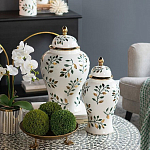 Ваза белая с крышкой с рисунком зеленых и золотых листьев 48 см Chinoiserie Ceramics варинант исполнения - 4 | Loft Concept в Липецке