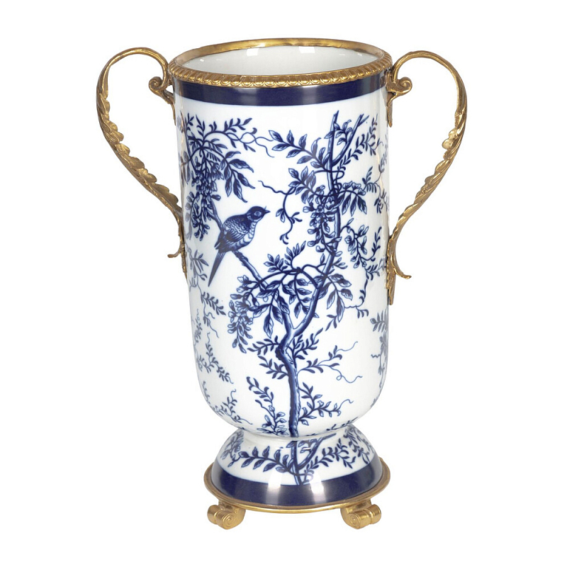 Ваза с бронзовыми ручками и синим цветочным узором Blue & White Ornament Синий Белый Бронза в Липецке | Loft Concept 