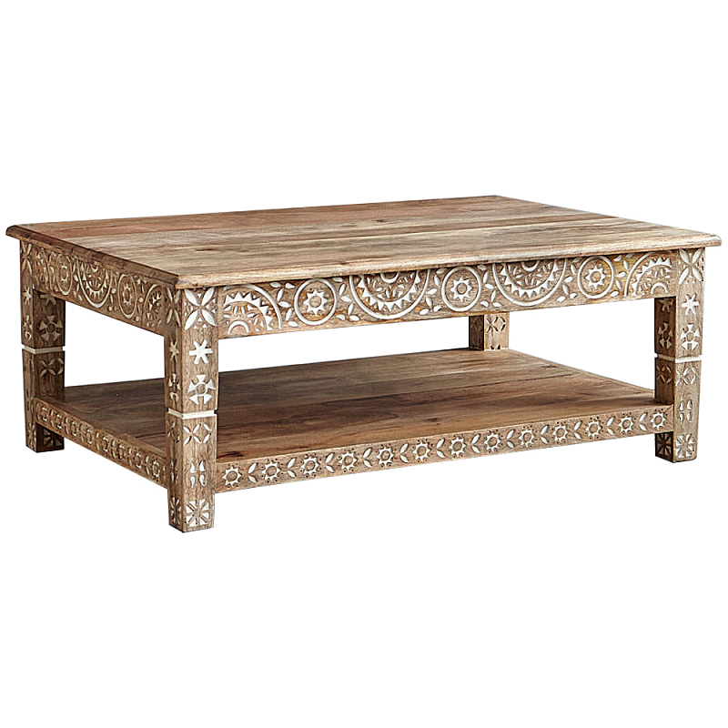 Журнальный стол из массива манго с резьбой Agota Coffee Table Древесина Белый в Липецке | Loft Concept 