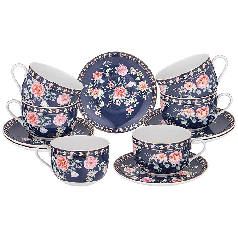 Чайный набор из фарфора синий на 6 персон 12 предметов Flower Porcelain Collection Синий Мульти Чайный набор из фарфора синий на 6 персон 12 предметов Flower Porcelain Collection Синий Мульти в Липецке | Loft Concept