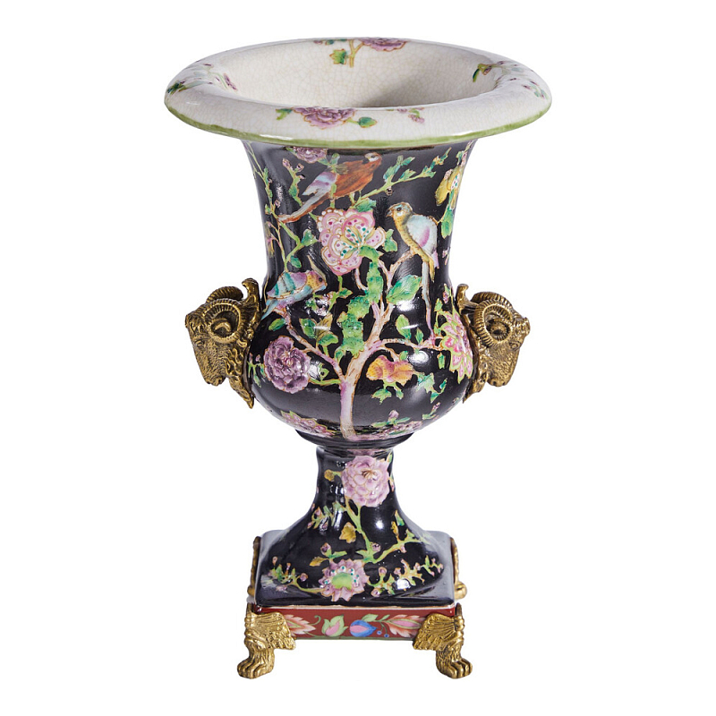 Ваза черная с овнами из фарфора с бронзовыми элементами Bronze Aries Бронза Мульти в Липецке | Loft Concept 