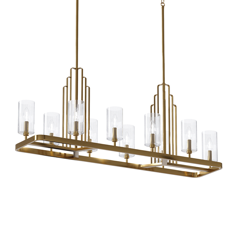 Люстра прямоугольная цвета латунь с прозрачными рифлеными цилиндрическими плафонами Kichler Латунь Прозрачное Стекло Никель в Липецке | Loft Concept 