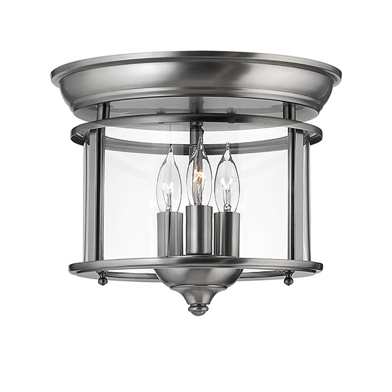 Потолочный светильник в форме фонаря с прозрачным цилиндрическим плафоном и тремя лампами в форме свечей Hinkley Латунь Прозрачное Стекло Олово в Липецке | Loft Concept 