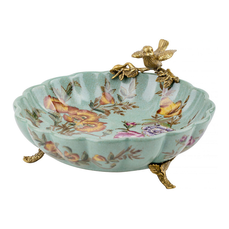 Блюдо из голубого фарфора с бронзовой птичкой Blue Garden Голубой Бронза Мульти в Липецке | Loft Concept 