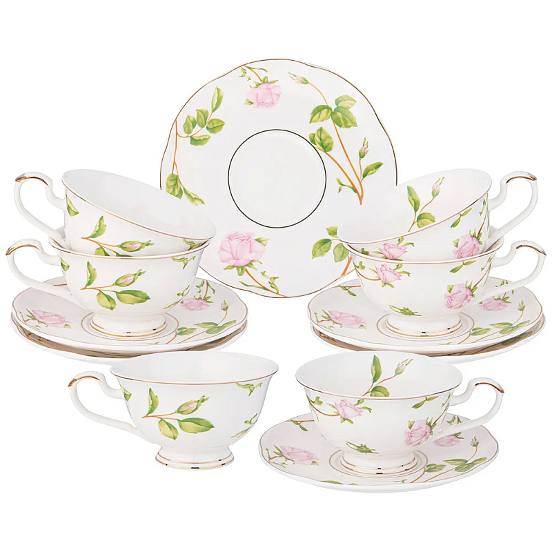 Чайный набор из фарфора белый с цветочным принтом на 6 персон 12 предметов Flower Porcelain Collection Белый Мульти Чайный набор из фарфора белый с цветочным принтом на 6 персон 12 предметов Flower Porcelain Collection Белый Мульти в Липецке | Loft Concept