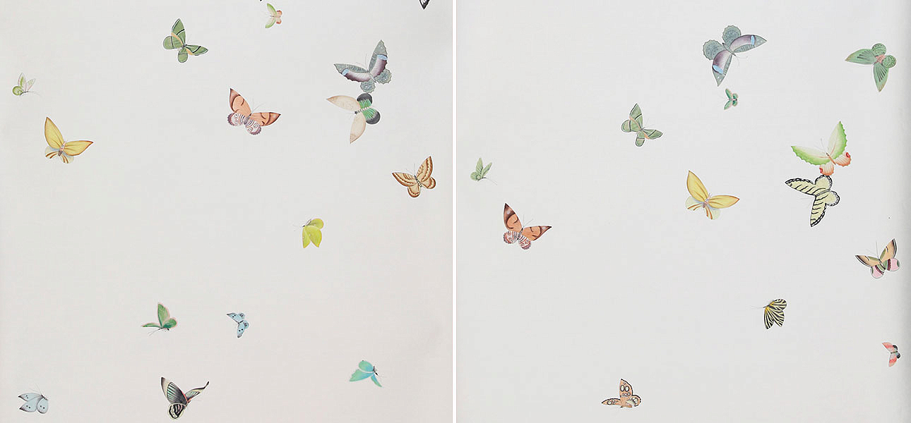 Обои ручная роспись Butterflies Emerald on Natural Mica metallic silk Обои ручная роспись Butterflies Emerald on Natural Mica metallic silk - Loft-Concept в Липецке