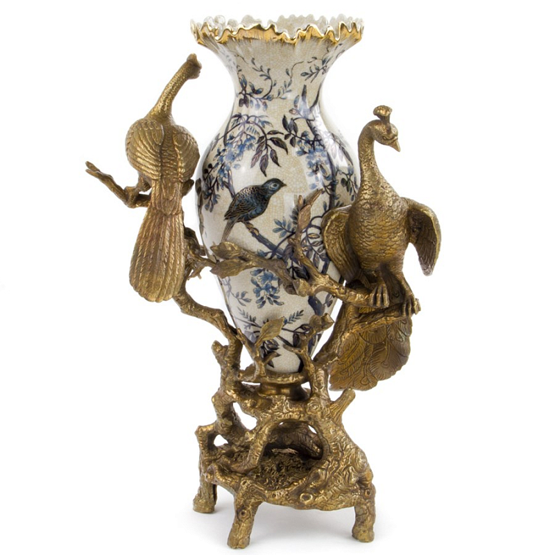 Ваза Bronze Peacocks Vase Белый Бронза Синий Ваза Bronze Peacocks Vase Белый Бронза Синий в Липецке | Loft Concept