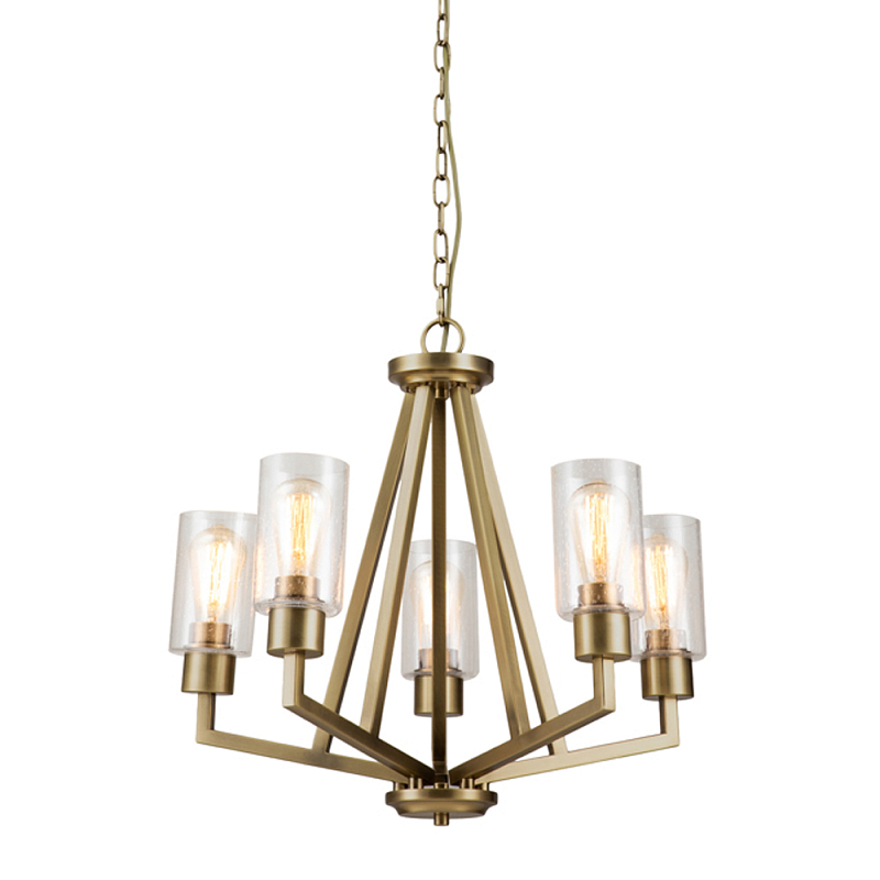 Люстра цвета латунь с 5-ю цилиндрическими плафонами из прозрачного пузырчатого стекла Kichler Латунь Прозрачное Стекло в Липецке | Loft Concept 