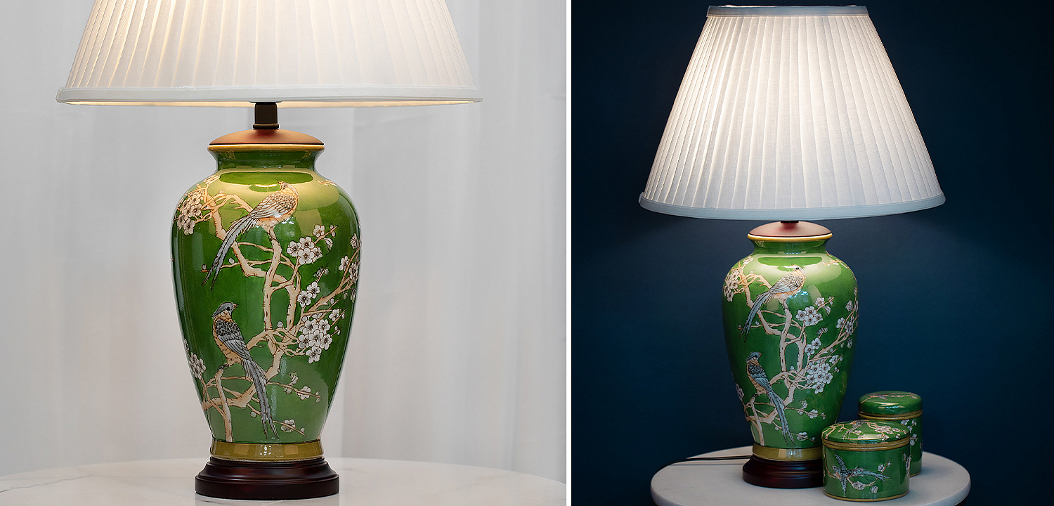Настольная лампа с абажуром Birds Green Chinoiserie Lampshade Настольная лампа с абажуром Birds Green Chinoiserie Lampshade - Loft-Concept в Липецке