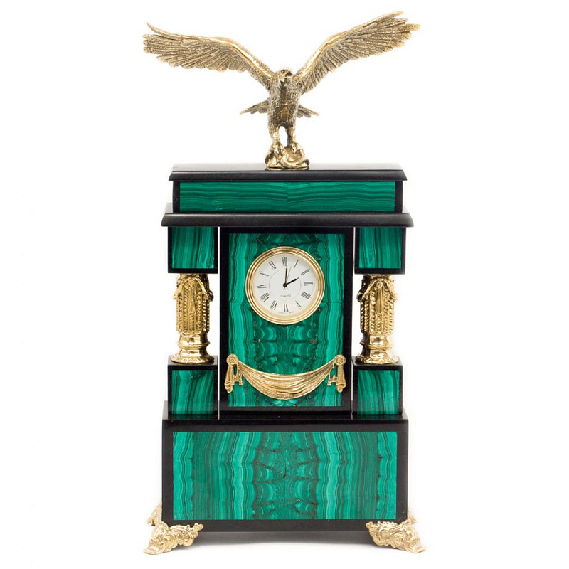 Часы настольные из натурального камня Малахит с декором в виде орла Eagle Stone Clock Малахит Золотой Черный Часы настольные из натурального камня Малахит с декором в виде орла Eagle Stone Clock Малахит Золотой Черный в Липецке | Loft Concept