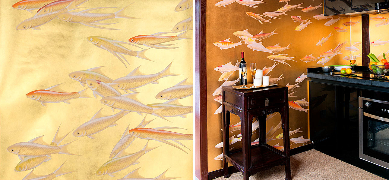 Обои ручная роспись Fishes Koi on Deep Rich Gold gilded paper Обои ручная роспись Fishes Koi on Deep Rich Gold gilded paper - Loft-Concept в Липецке
