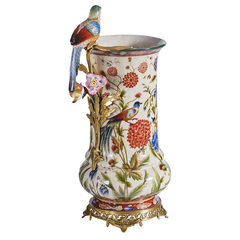 Ваза фарфоровая с птицей на бронзовой ветке и цветочной росписью Garden of Eden Бронза Мульти в Липецке | Loft Concept 