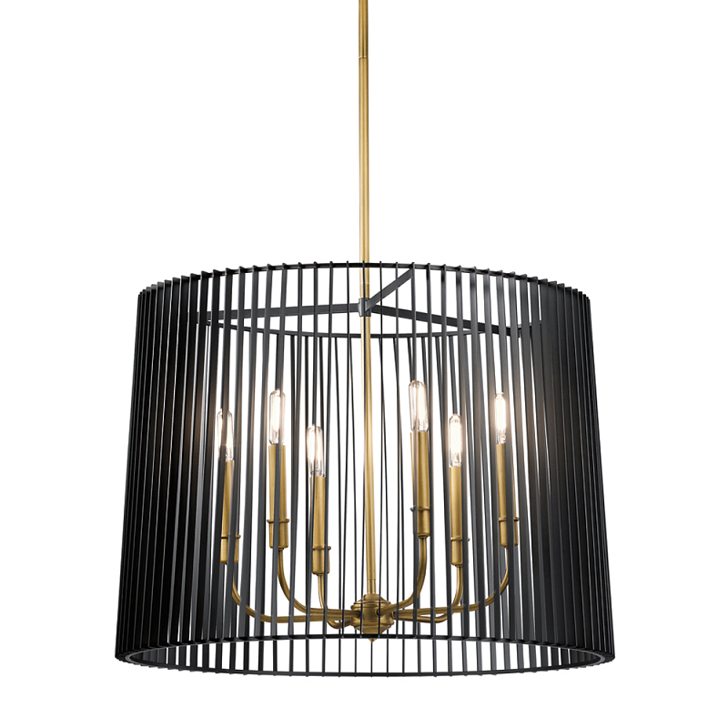 Люстра цвета латунь с 6-ю лампами свечами внутри цилиндрического абажура из черных металлических реек Kichler Латунь Черный в Липецке | Loft Concept 