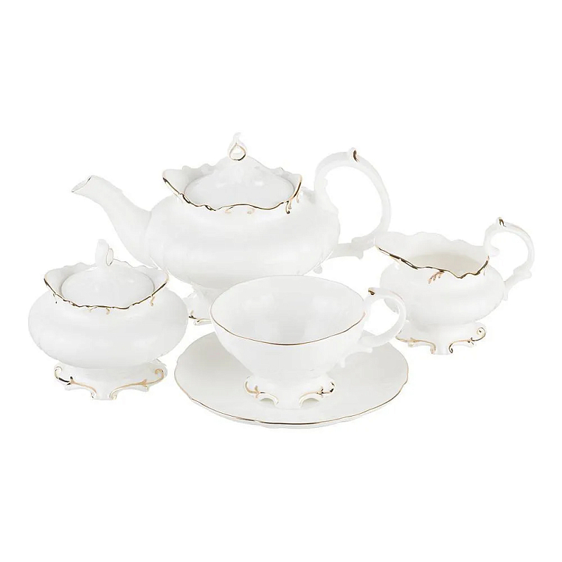 Чайный сервиз белого цвета из фарфора на 6 персон 15 предметов Shine Porcelain Белый Золотой Чайный сервиз белого цвета из фарфора на 6 персон 15 предметов Shine Porcelain Белый Золотой в Липецке | Loft Concept