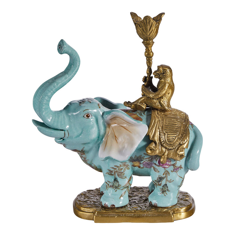 Подсвечник в виде слона из фарфора с бронзовыми элементами Elephant in the Garden of Eden Бронза Голубой Мульти в Липецке | Loft Concept 