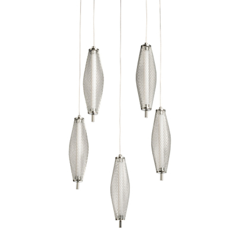 Люстра круглая каскадня с 5-ю плафонами из металлической сетки Mesh Lampshade Lighting Хром в Липецке | Loft Concept 