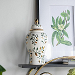 Ваза белая с крышкой с рисунком зеленых и золотых листьев 40 см Chinoiserie Ceramics варинант исполнения - 4 | Loft Concept в Липецке