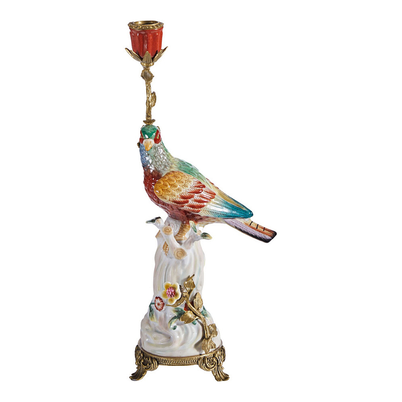 Подсвечник с попугаем из фарфора с бронзовыми элементами Eden Garden Мульти Бронза в Липецке | Loft Concept 